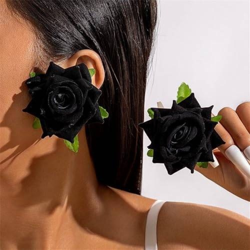 Large Black Velvet Rose Stud Earrings Gothic Floral Statement Jewelry